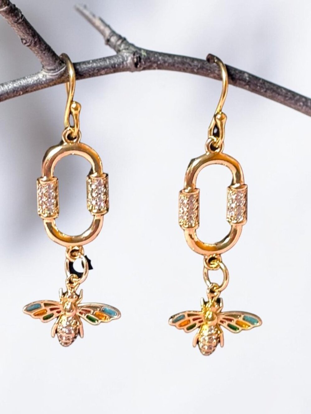 18K Gold Filled Paperclip Bee Earrings Enamel CZ Dangle Handmade